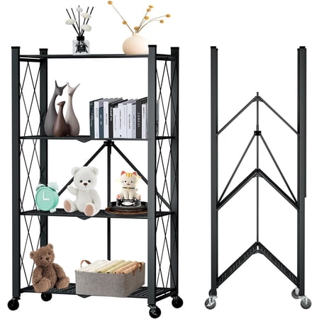 4-Tier Storage Shelves, Heavy Duty Metal Shelf 27.9"x13.4"x47.8", Foldable Storage Shelf with Lockable Wheels, Garage Shelf, Metal Storage Rack, Kitchen Shelf with 4 Hooks, No Assemble Require, Black
