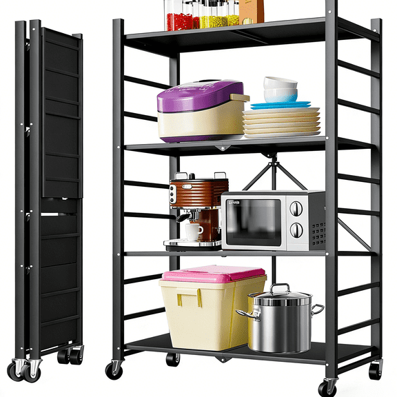 4-Tier Storage Shelving Unit, 397lbs Capacity Heavy Duty Metal Shelf , Foldable Storage Shelf with Wheels, Garage Shelf, Metal Storage Rack, Kitchen Shelf , No Assemble Require