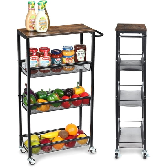 4-Tier Storage Trolley with Wheels, Pinch Storage Shelf, Slide-Out Slim Rolling Cart, Wooden Top, Metal Handle and Wire Mesh, Suitable For Tight Spaces In Kitchen/Bathroom/Laundry Room, Black