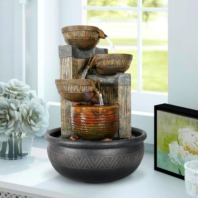 4-Tier Tabletop Water Fountain with LED Light, Indoor Water Fountain - Soothing Cascading Waterfall Fountain for Home, Office Art Decor