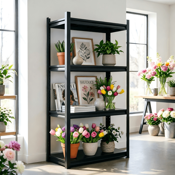 4-Tier Tall Adjustable Plant Stand, 1000LBS Heavy Duty Deep Metal Flower Display Shelf, Modern Bolt-Free Freestanding Plant Storage Rack for Bedroom, Living Room, Balcony, Black, 24" W x12 D x 54" H