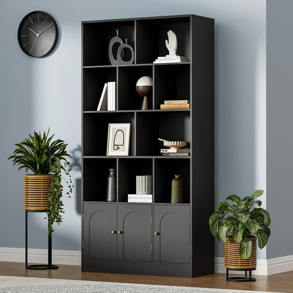 4-Tier Tall Bookshelf with 3 Doors, 71" Open Shelf Bookcase with 10 Cubes, Modern Cube Storage Organizer for Living Room, and Office, Black