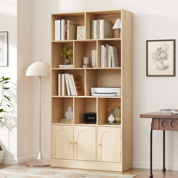 4-Tier Tall Bookshelf with 3 Doors, 71" Open Shelf Bookcase with 10 Cubes, Modern Cube Storage Organizer for Living Room, and Office, Oak