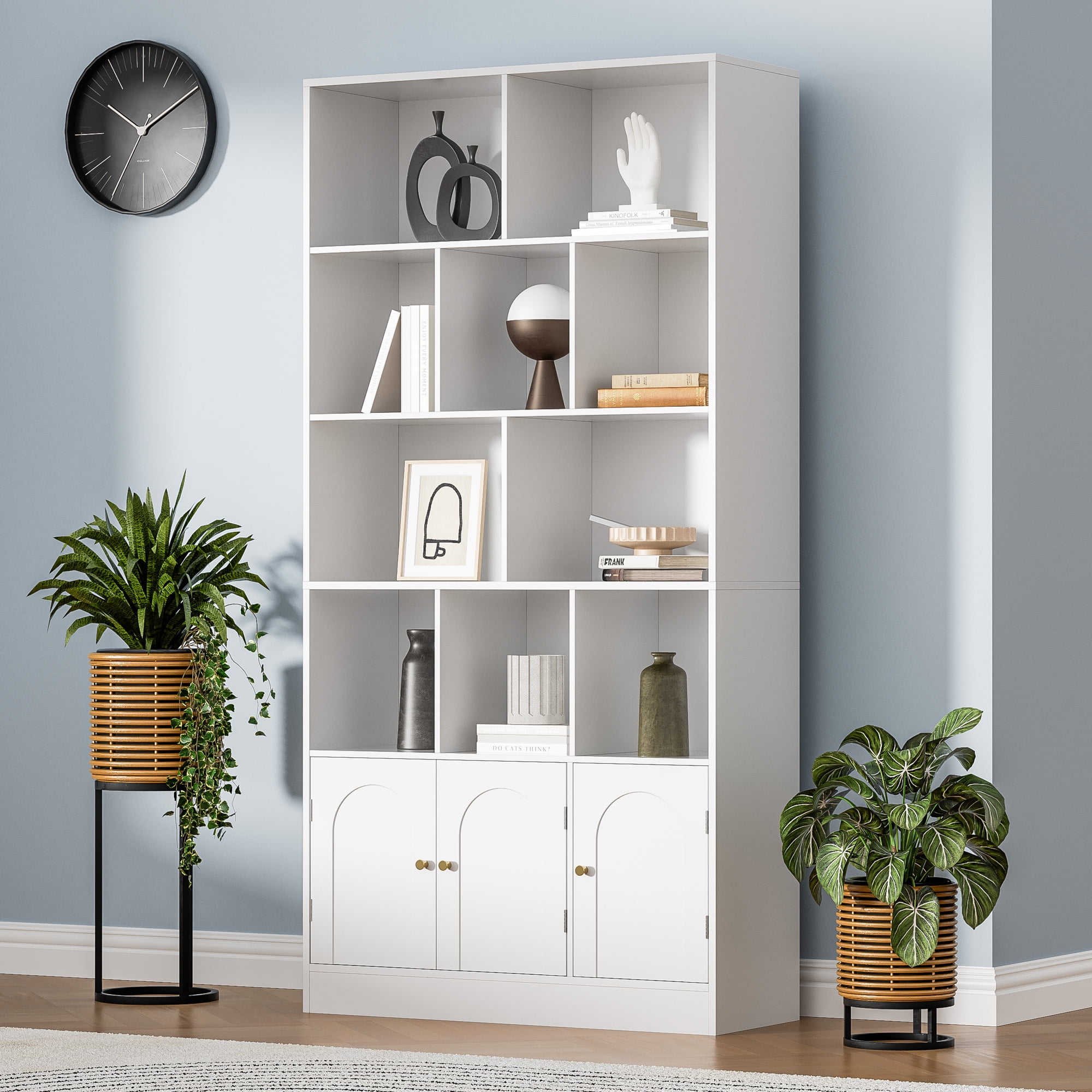 4-Tier Tall Bookshelf with 3 Doors, 71" Open Shelf Bookcase with 10 Cubes, Modern Cube Storage Organizer for Living Room, and Office, White