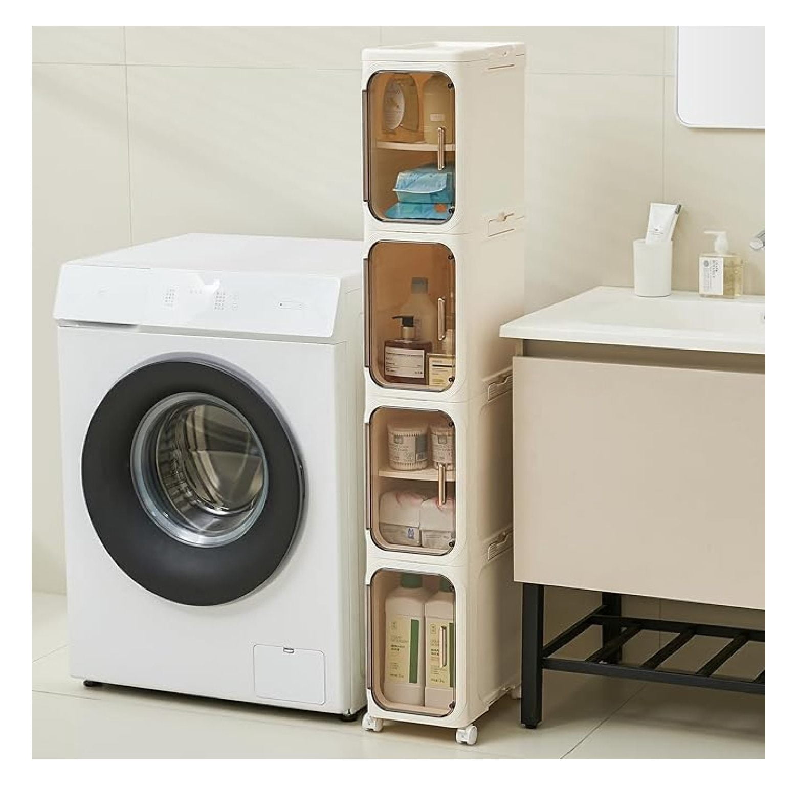 4-Tier Tall Narrow Storage Cabinet- Plastic Slim Bathroom Storage Organizer with Magnetic Doors,Adjustable Shelves&Movable Wheels, Foldable Skinny Cabinet for Small Spaces,Kitchen