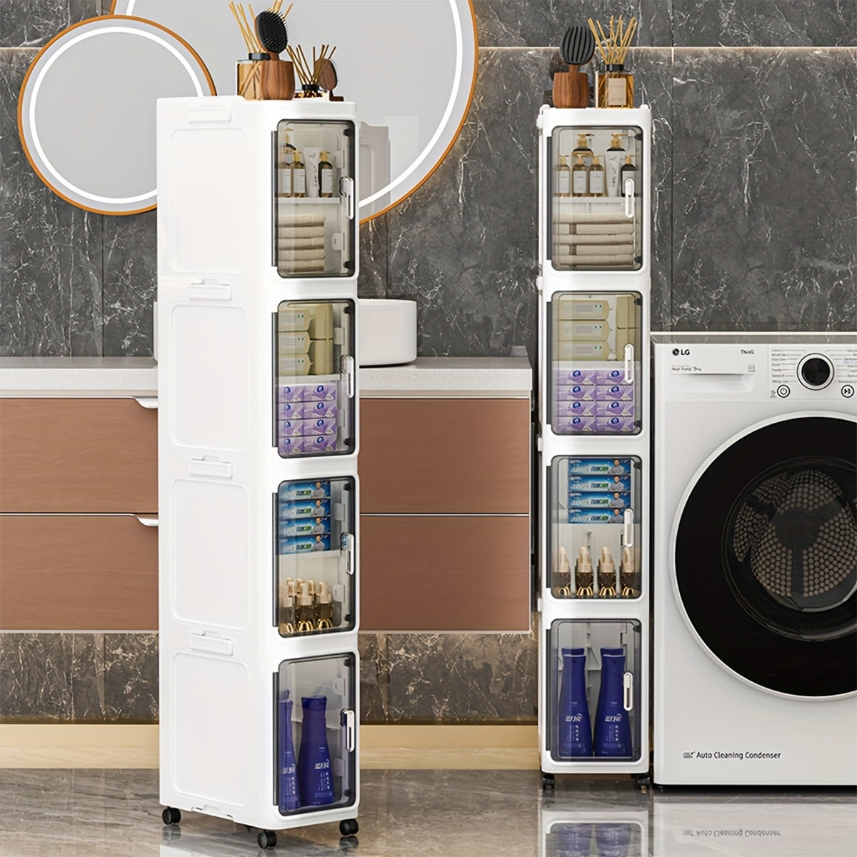 4-Tier Tall Narrow Storage Cabinet with Movable Wheels, Adjustable Shelves, Anti-Tip, Slim, for Small Space, Bathroom, Kitchen, Laundry, White