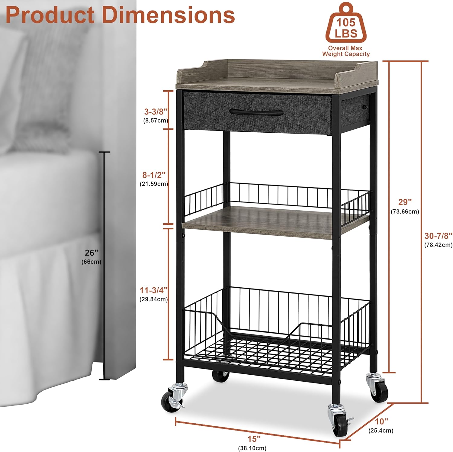 4-Tier Tall Side Table with Optional Wheels, Narrow End Table with ...