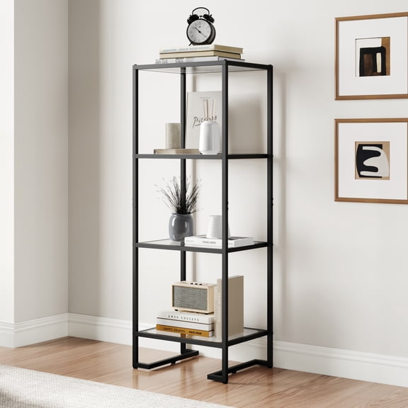 4-Tier Tempered Glass Display Shelf Bookshelf, Modern Open Shelf Bookshelf, Slim Shelving Unit Bookcase for Living Room, Home Office, Bedroom, Black