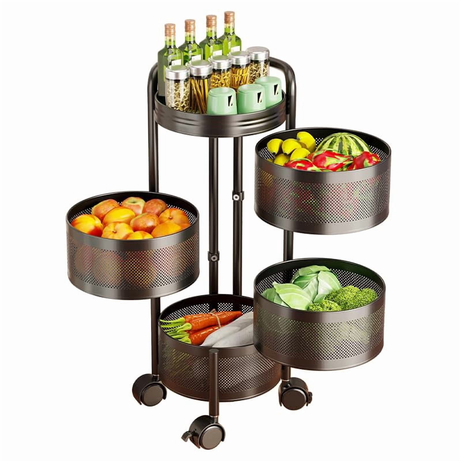 Veg Storage Rack 4-Tier Thickened Carbon Steel Rotating Kitchen Storage Cart with Wheels ...
