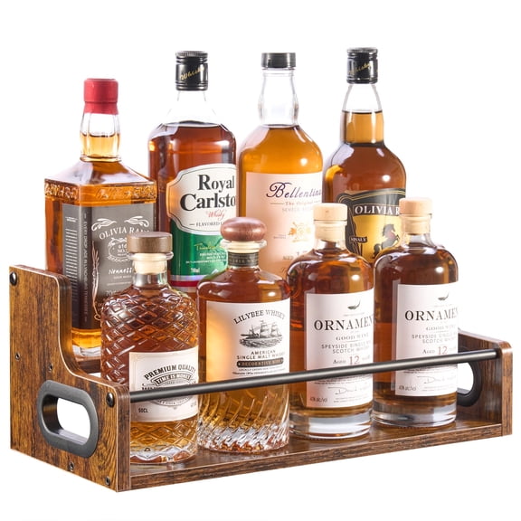 4-Tier Tiered Liquor Bottle Display Shelf - 16-Inch Rustic Wood Liquor Rack & Coffee Syrup Organizer - Heavy-Duty Countertop Spice Rack with Guardrails & Handles for Bar, Kitchen, Office