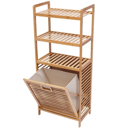 4-Tier Tilt-Out Laundry Hamper Cabinet Laundry Hamper Bamboo Bathroom Cabinet Organizer Shower Caddy Shelf Rack Shelves and Handles for Clothes, Bedroom, Closet