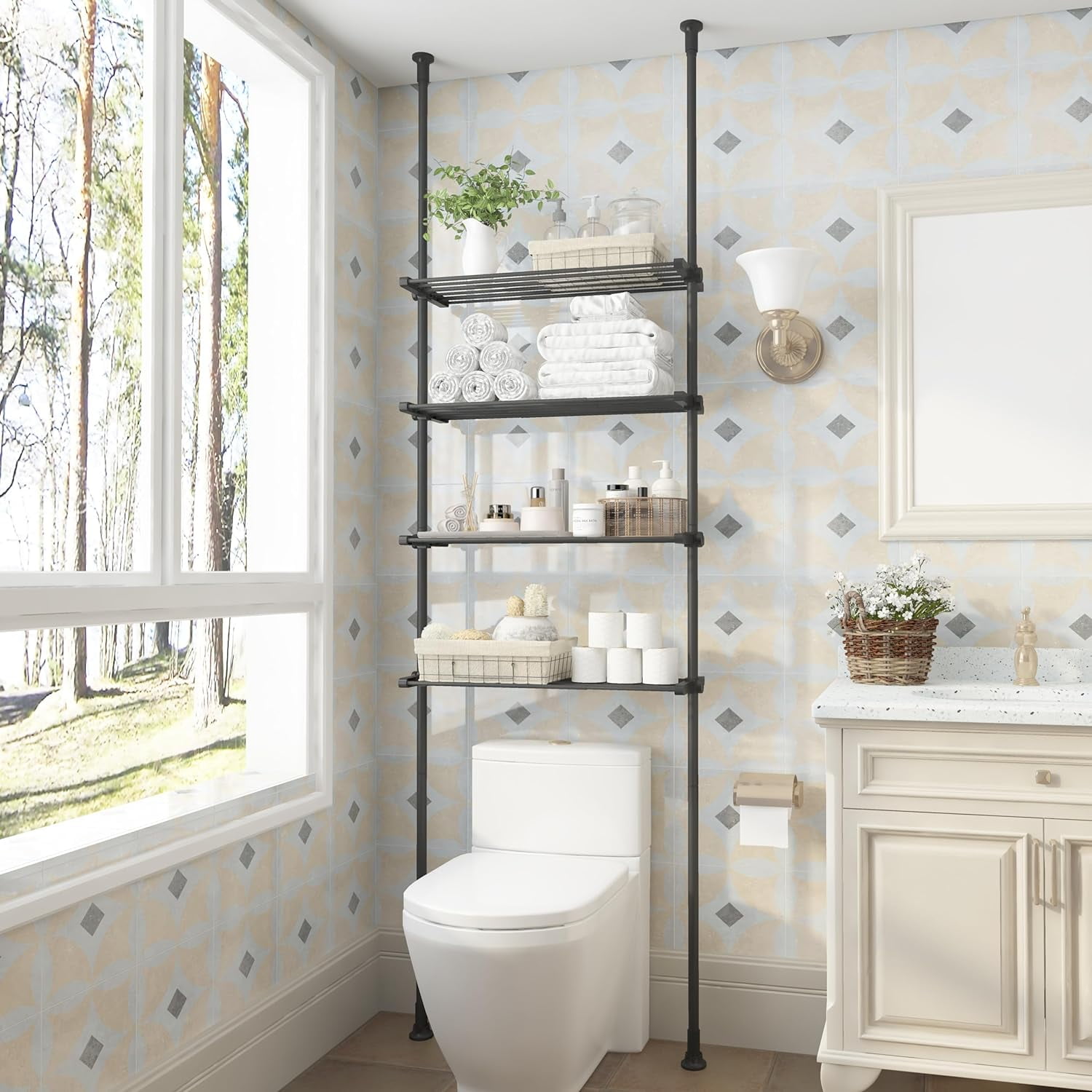 4-Tier Over Toilet Bathroom Organizer Floor to Ceiling, Over The Toilet ...