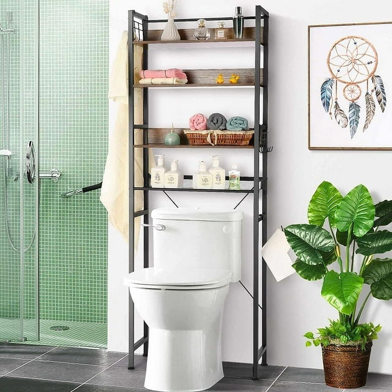 CAPHAUS Over The Toilet Storage, 4-Tier Bathroom Organizer, Freestanding  Toilet Shelf, Multifunctional Space Saver Toilet Rack with 4 Hooks, Laundry