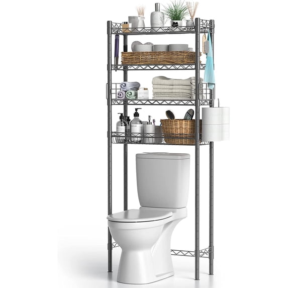 4-Tier Toilet Shelf Storage, Bathroom Organizer Shelves Over Toilet Storage, Above Toilet Tack Free Standing Bathroom Space Saver with Adjustable Basket and Shelves, Gray