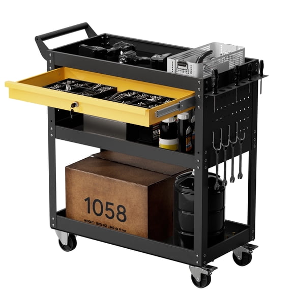 4-Tier Tool Cart with Wheels, 350 lbs Load Capacity, Rolling Work Cart with Drawer & Pegboard, Mechanic Tool Storage Organizer with Locking System for Garage, Warehouse and Repair Shop, Yellow