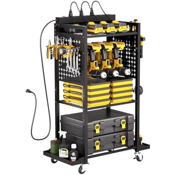 4-Tier Tool Organizer Cart with Charging Station, 8 AC Outlet, Floor Stand Rolling Drill Holder and Tool Battery Storage Rack on Wheels, Garage Floor Rolling Storage Cart for Workshop, Garage