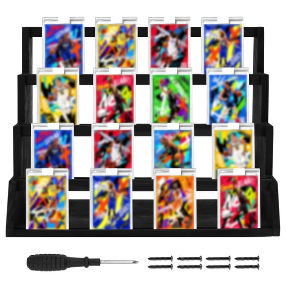 4 Tier Trading Card Display Stand Wooden Graded Baseball Football Sport Card Display Vertical Holder for Collection and Show, Black