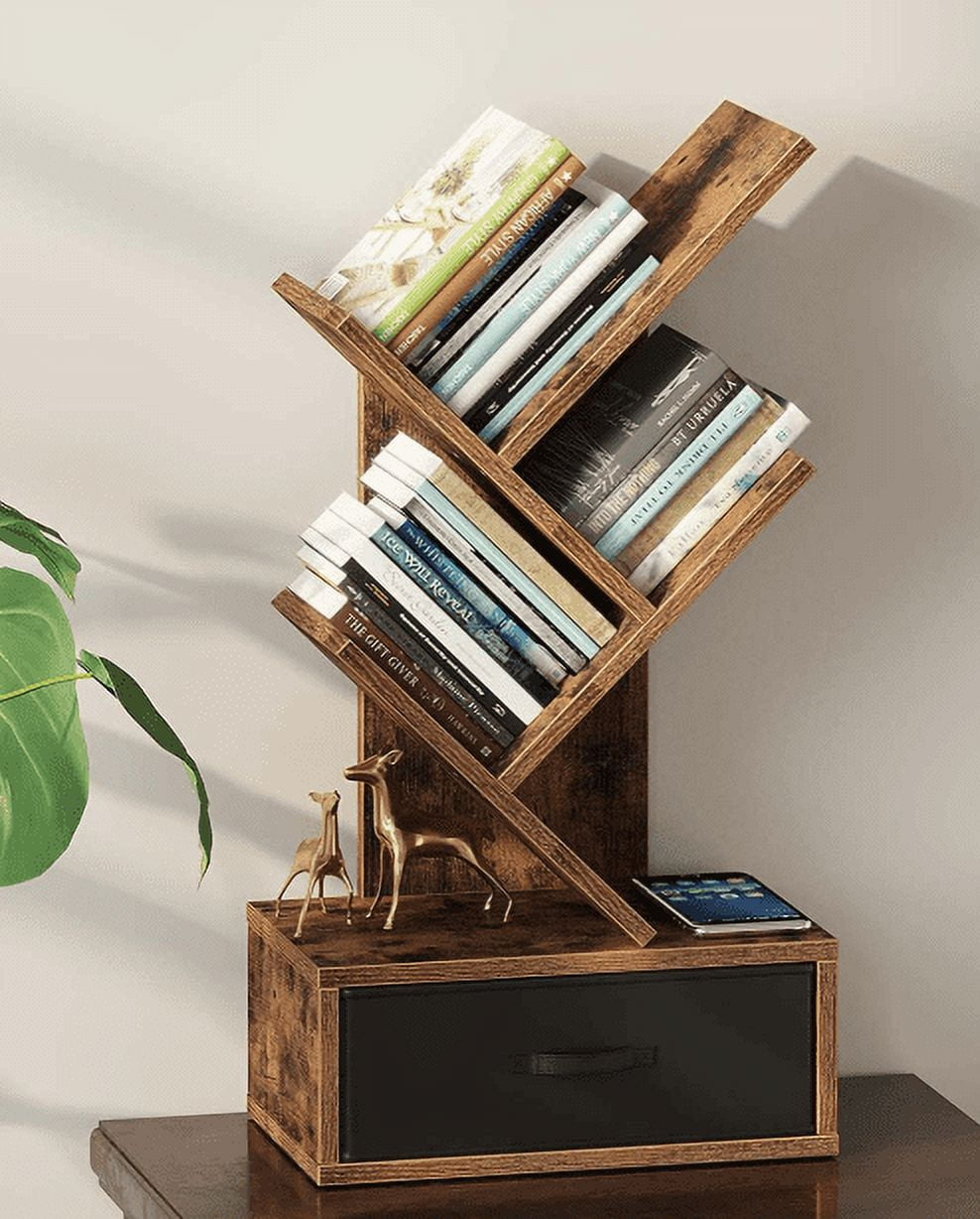 4 Tier Tree Bookshelf, Shelf Bookcase with Drawer, Wooden Bookshelves