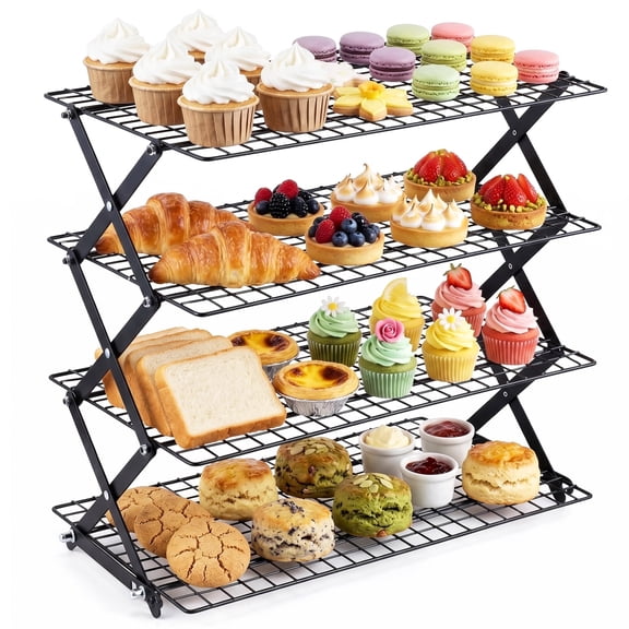 4-Tier Stackable Cooling Rack, Adjustable 3-Level Height, Collapsible Non-Stick Baking Rack for Bread, Cookies, Cakes & Muffins