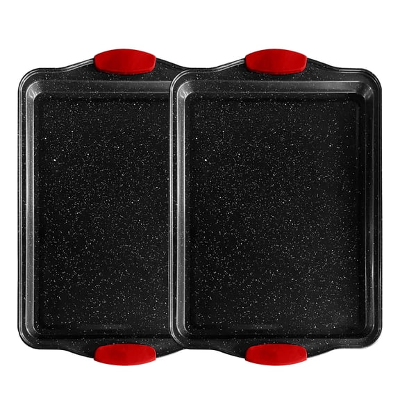 Commercial Quality Baking Sheet Pan Set, Carbon Steel Cookie Sheet, Warp Resistant Baker's Half Sheet Pan, Cookie Tray Pans for Baking, Roasting Dishwasher Safe Red Black