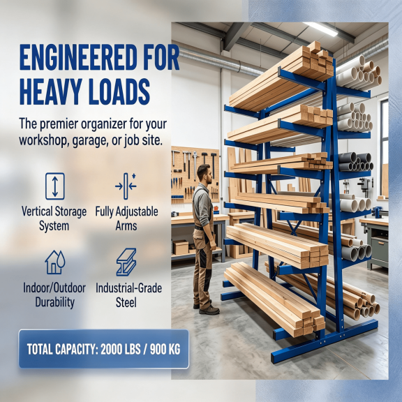 4 Tier Utility Cantilever Rack, 2000lbs Load Capacity Lumber Storage Rack | Heavy Duty Industrial Steel Horizontal Lumber Storage Rack, Adjustable Cantilever Pipe Rack for Garage, Workshop and Shed