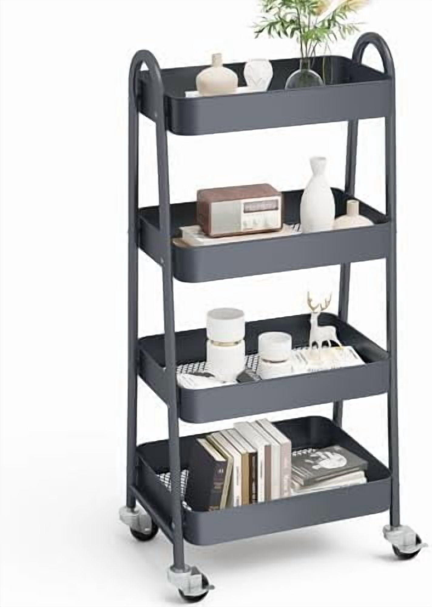 4 Tier Utility Rolling Cart, Metal Mobile Storage Shelf with Lockable ...