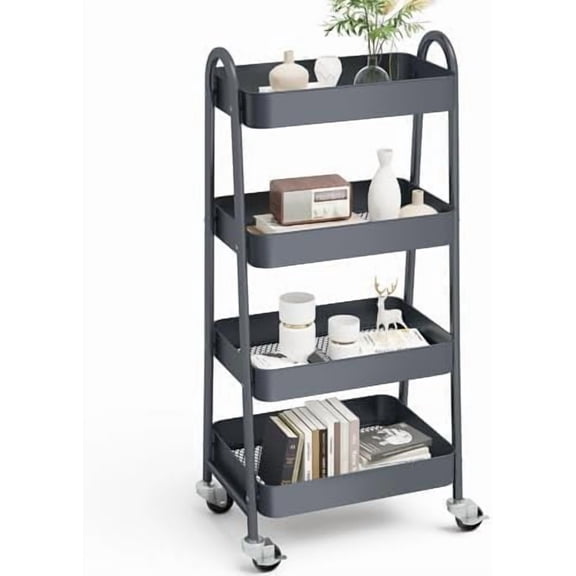 4 Tier Utility Rolling Cart, Metal Mobile Storage Shelf with Lockable Caster Wheels, Organization for Livingroom, Bathroom & Narrow Places, 4-Tier Gray