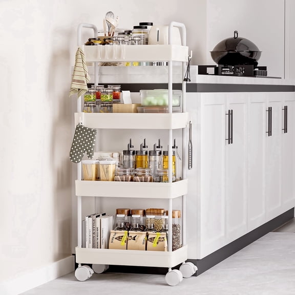 Enogets 4 Tier Utility Rolling Cart, Mobile Storage Cart for Kitchen with Lockable Caster Wheels, Handle & Hooks, White