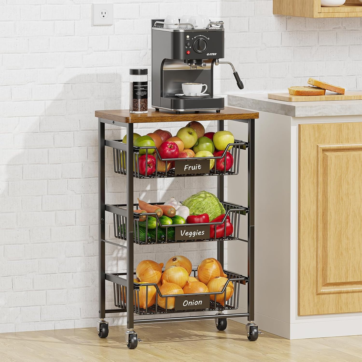 VINAEMO 4-Tier Rolling Kitchen Cart With Wood Top - Stackable Fruit & Veggie Basket Organizer, Spice Rack & Hooks Included