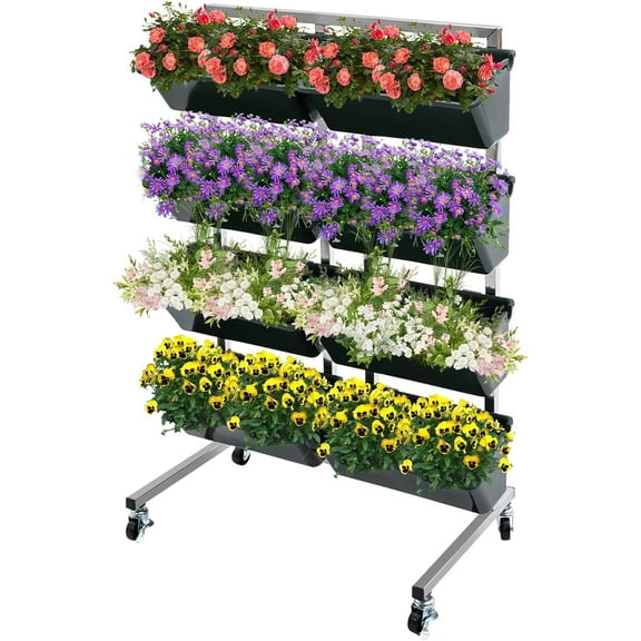 4-Tier Vertical Raised Garden Bed Vertical Vegetable Planter W/Lockable Wheels Freestanding Vertical Garden Planter Outdoor with Buckets, Vertical Patio Balcony Garden Bed Holder