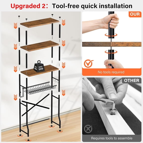 4-Tier Vintage Brown Over-The-Toilet Storage Shelves, Freestanding Bath Organizer with Adjustable Feet Pads & Basket | Hot Pick | Compact Space Saver, Durable Bathroom Storage Rack