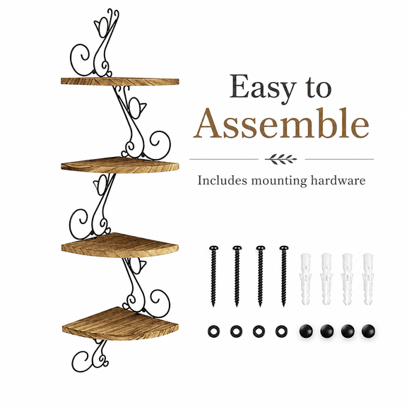 4 Tier Wall Mount Corner Shelves, Floating Rustic Wood Corner Storage Shelf with Black Metal Cat Shape Frame, Decorative Radial Shelf for Living Room, Bedroom, Kitchen, Study Room