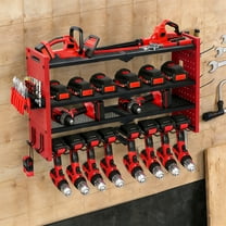 4 Tier Wall Mount Power Tool Organizer, Heavy Duty Metal Drill Holder, Tool Holder Storage Rack for Garage Basement Workshop, Red