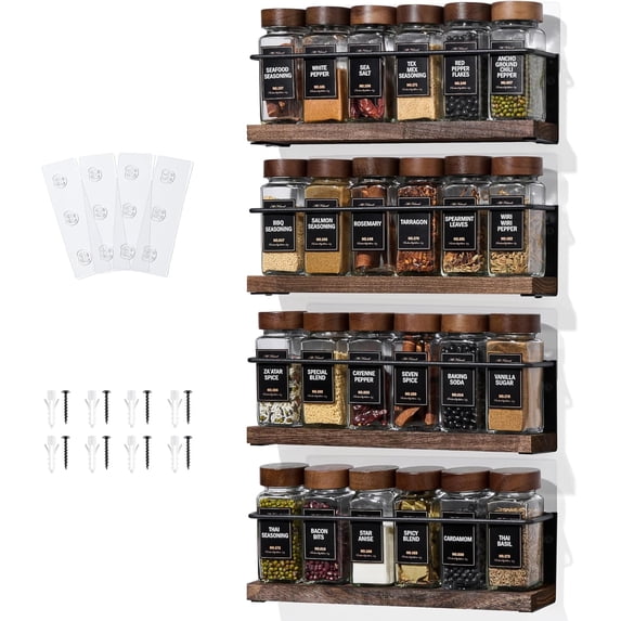 4-Tier Wall Mount Spice Rack Organizer- Screw/Adhesive Mount, Black ...