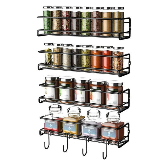 4 Tier Wall Mount Spice Rack Storage Holder for Kitchen Cabinet Cupboard Pantry, Carbon Steel , Black