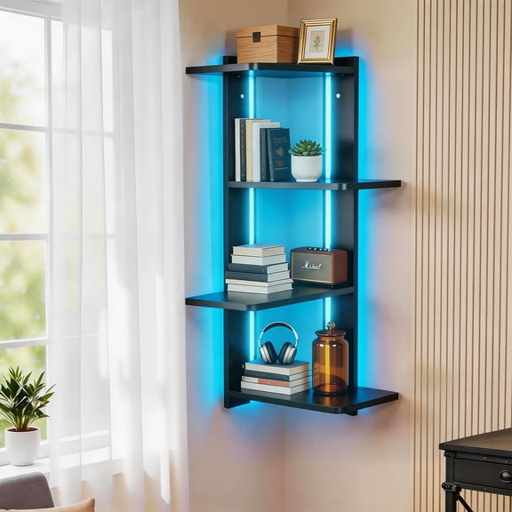 4-Tier Wall Mounted or Freestanding Corner Shelf with Lighting Display Shelf Display Case with RGB Lights LED for Books,Collectibles,Dolls,Blocks,Small Wine Bottles,Toys Black
