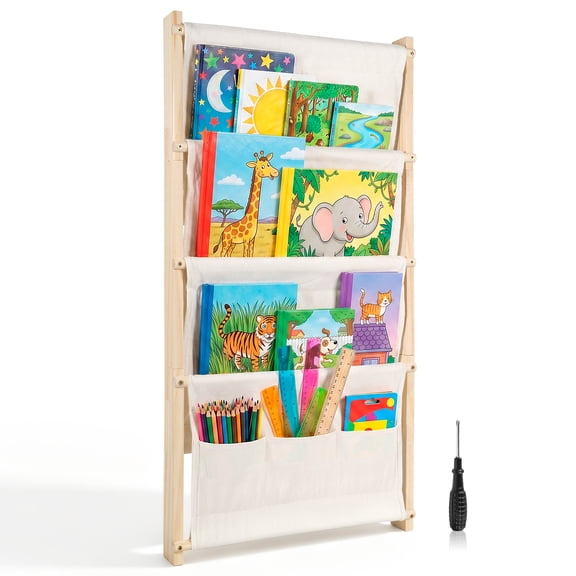 4 Tier Wall Mounted Kid Bookshelf Large Capacity Nursery Wall Hanging Bookshelf with Screwdriver Space Saving for Kid Room Classroom