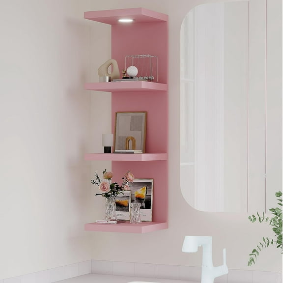 4 Tier Wall Shelf Unit,Pink Lack Wall Shelf,Display Floating Shelf with LED Remote Control Light
