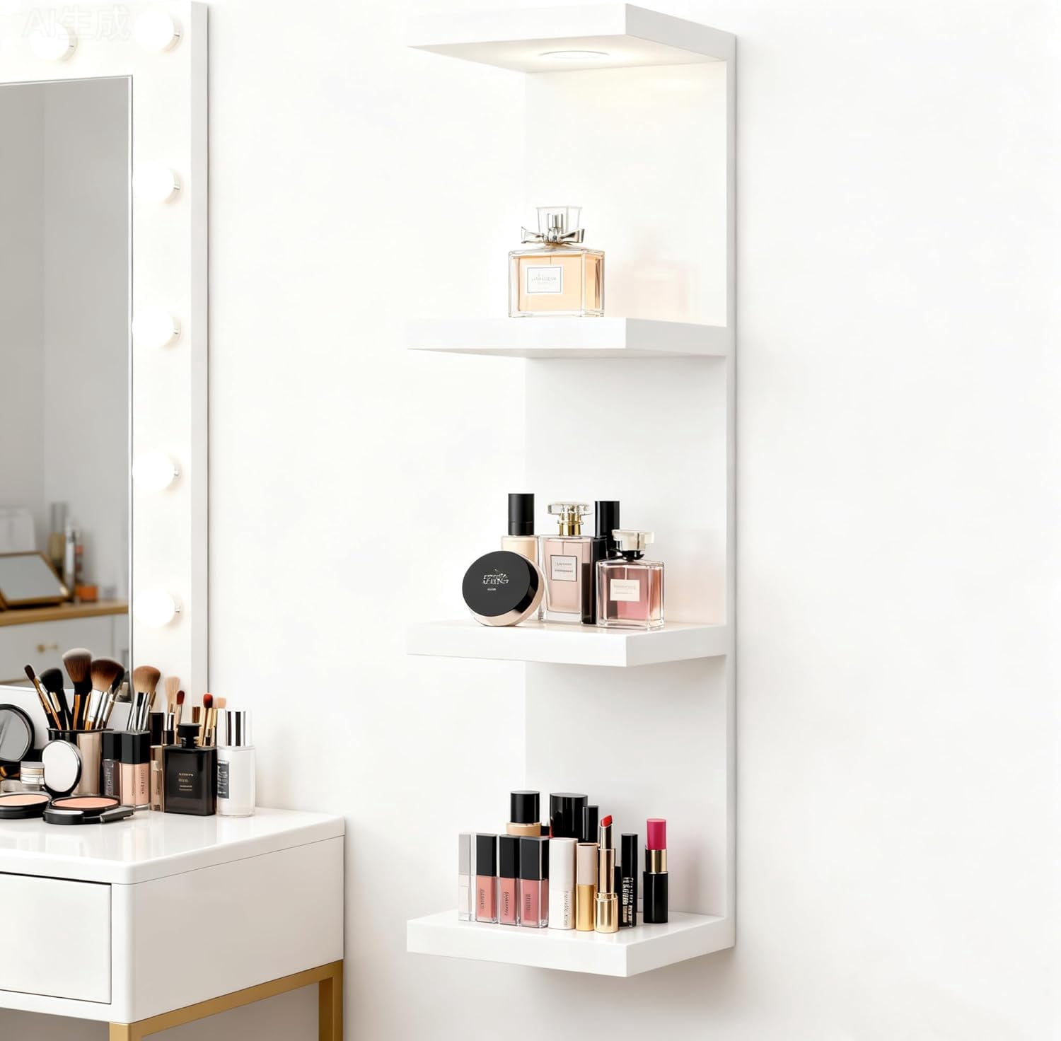 4 Tier Wall Shelf Unit White Floating Shelves with LED Lights, Versatile Organizer for Home Decor Books