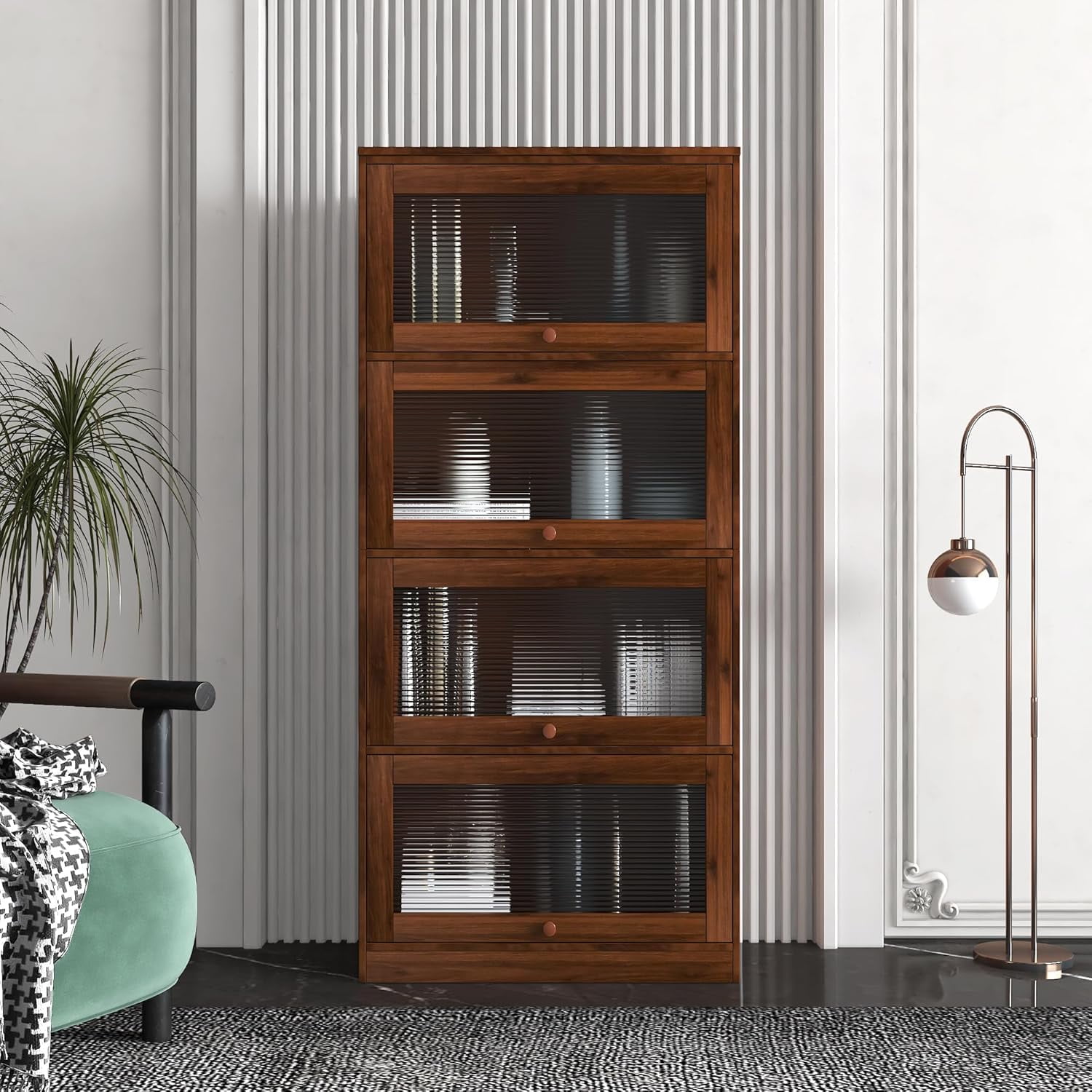 4-Tier Walnut Bookcase Storage Cabinet, Closed Back Glass Doors Office ...