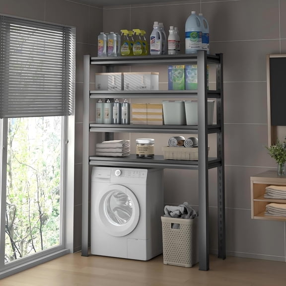 4-Tier Over Washer and Dryer Shelves, Adjustable Height Laundry Room Storage and Organizer Standing Shelf, Metal Space Saving Organizers Shelving Unit, Black, 35.4" W x 13.8" D x 63" H