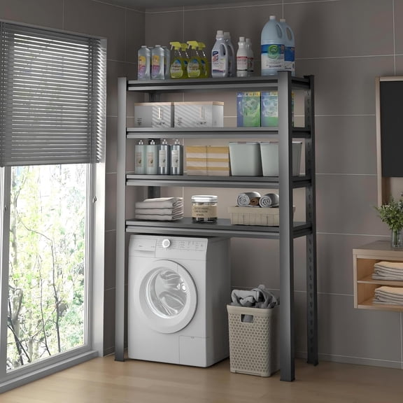 4-Tier Over Washer and Dryer Shelves, Adjustable Height Laundry Room Storage and Organizer Standing Shelf, Metal Space Saving Organizers Shelving Unit, Black, 35.4" W x 13.8" D x 63" H