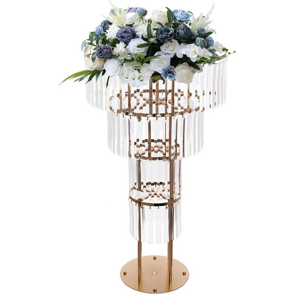 4 Tier Wedding Centerpieces Flower Stand with Hanging Crystals,37.4in Gold Vases Round Flower Chandelier Pedestal Stand for Birthday Party Decoration (4 Tiers 37.4 in)