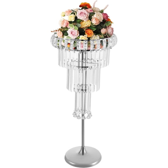 4 Tier Wedding Silver Vases, Centerpieces Flower Stand Round Crystal Flower Stand Tables Decorations Stand with LED Light for Reception Party Events