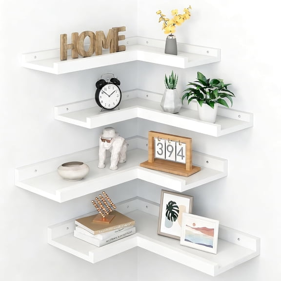 4-Tier White Corner Floating Shelves Wall Mounted - Floating Shelves with Lip, Solid Pine Wooden Corner Wall Shelf for Wall Deco,L Shaped Shelf for Living Room, Bedroom, Bathroom, Storage.