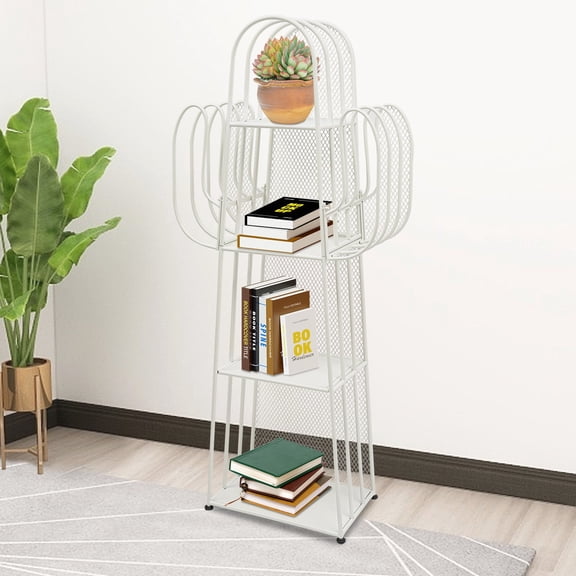 4-Tier White Ladder Bookshelf, Cactus Freestanding Bookcase Storage Rack Metal Display Rack, Corner Bookshelf for Small Spaces, Multifunctional Display Stand for Bedroom Home Office