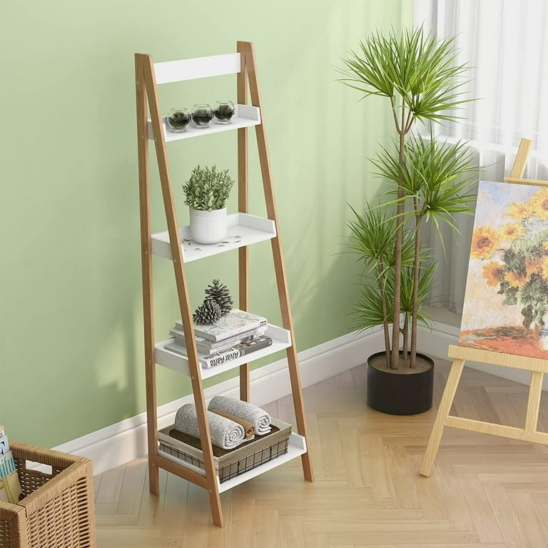4 Tier White Ladder Shelf Modern Wood Ladder Bookshelf Leaning Bookcase Book Shelves for Living Room Bedroom