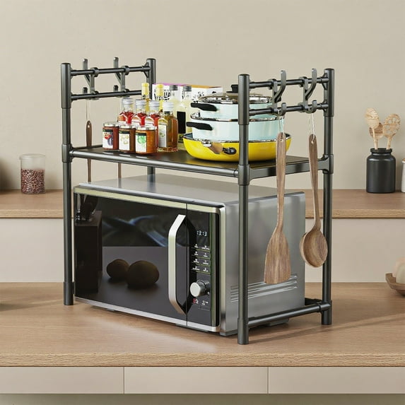 4-Tier White Plastic Microwave Stand, No Installation Required Countertop Organizer with Towel Hooks | Spacious Kitchen Storage Shelf for Oven, Spices & Utensils Black