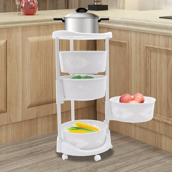 4-Tier White Round Rotating Storage Rack Kitchen Storage Basket Cart Modern Freestanding Multi-Layer Storage Rack