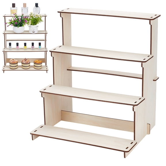 4-Tier White Straight Wooden Retail Table Display Stand with Shelves 4 Step Straight Display Rack for Counter Top Craft Shows